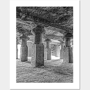 Inside the Elephanta Island Caves - BW Posters and Art